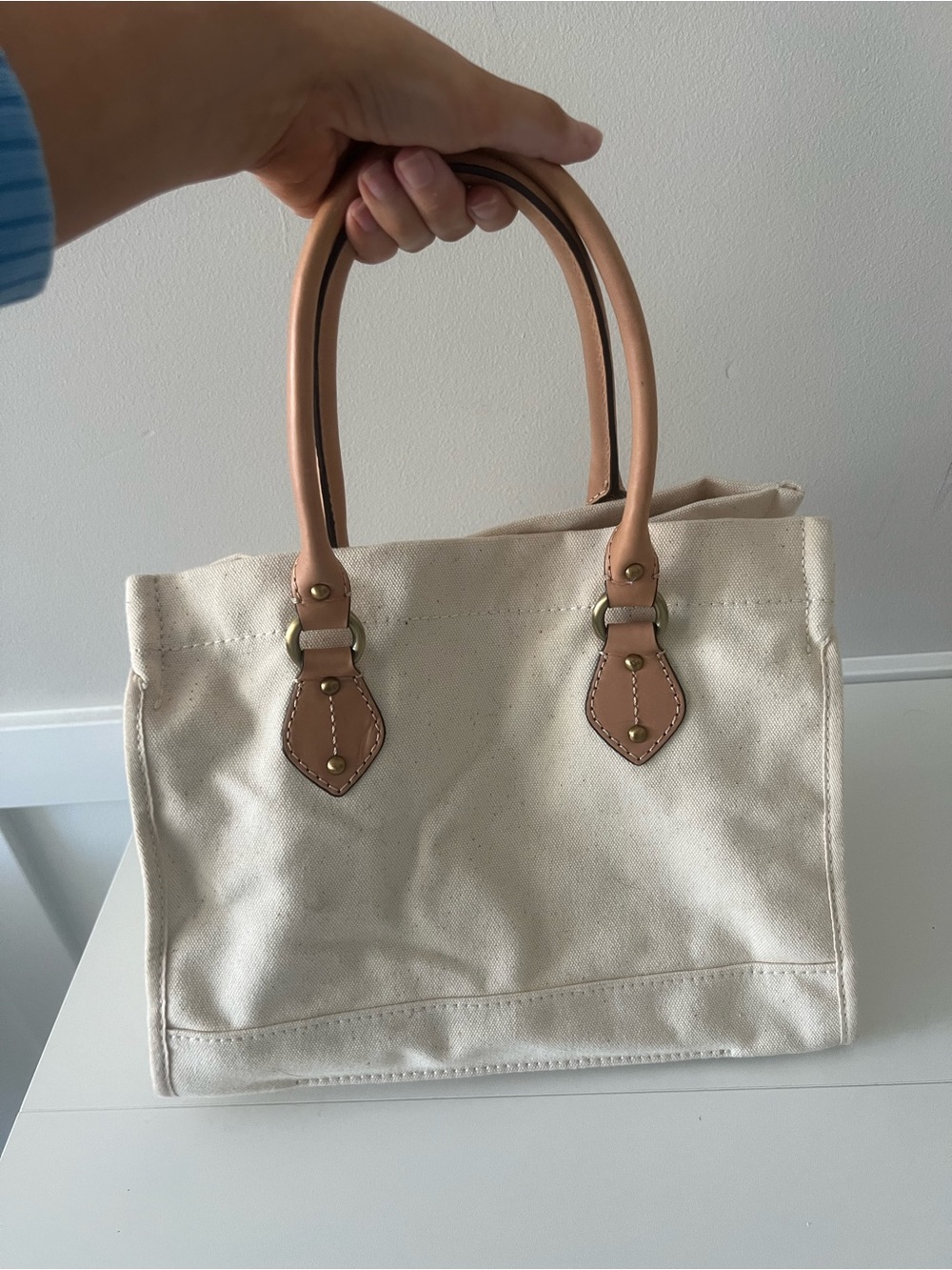 J.Crew Ivory Canvas Tote Bag Tan Leather Handles Gold Hardware